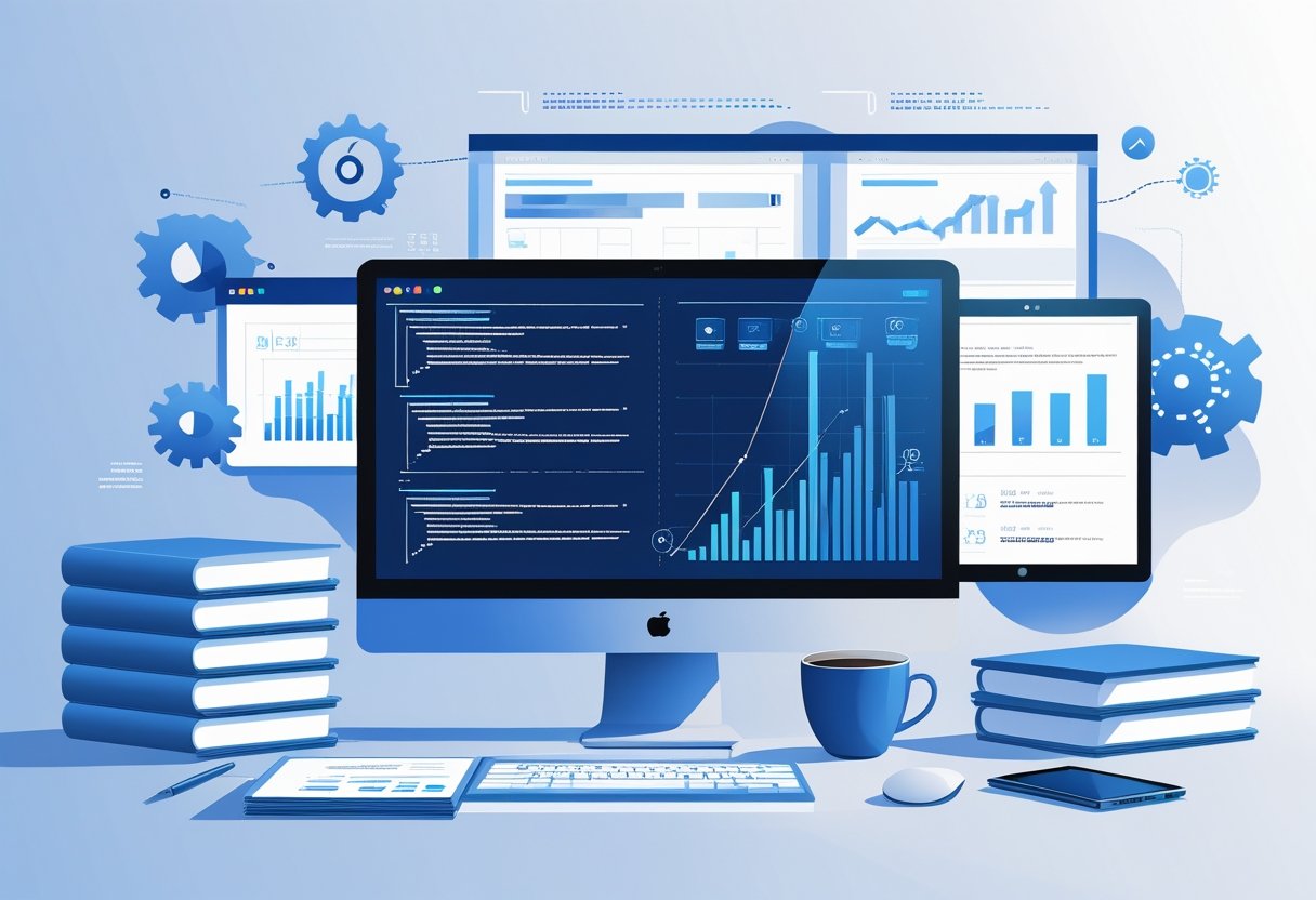 19 Software Engineer Resume Examples & Guide for 2025: Templates, Tips, and Writing Strategies 1 A modern workspace with a computer showing code, documents, and technology icons representing software engineering and career development.