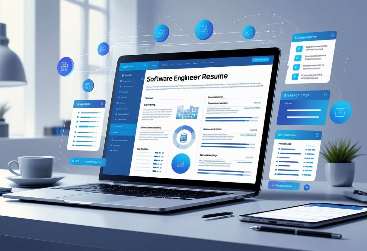 A modern workspace with a laptop showing a structured software engineer resume layout, surrounded by digital icons and charts representing coding and organization.
