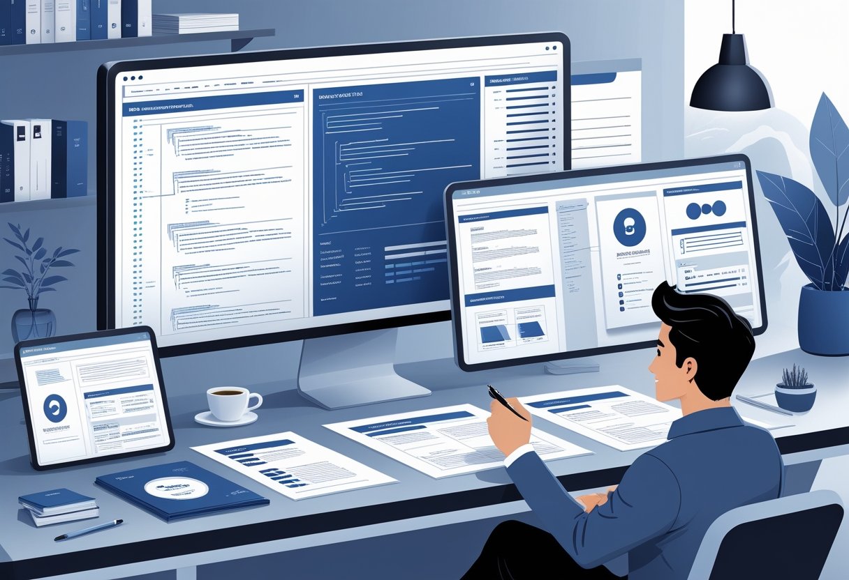A software engineer working at a desk reviewing multiple resume layouts on a computer screen surrounded by programming materials and office items.