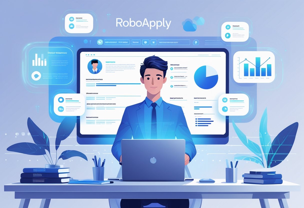 A young professional working on a laptop with a digital resume interface and floating icons representing resume sections in a bright, modern workspace.