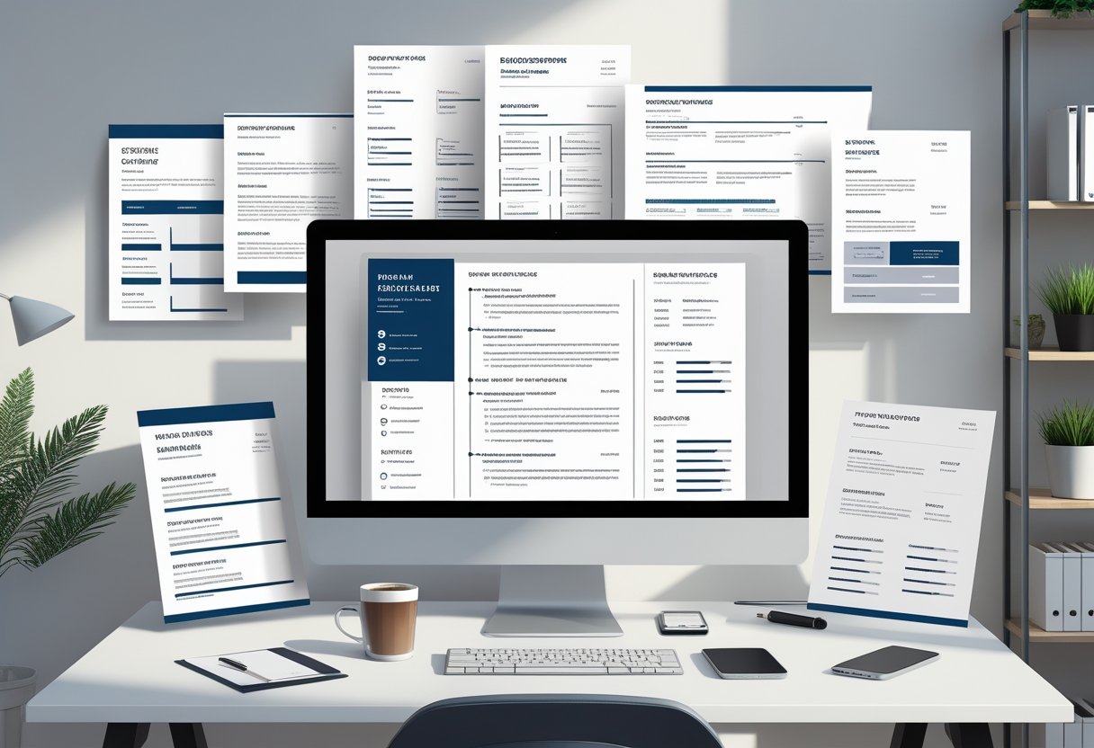 A modern desk with a computer showing a resume template editor, printed resume templates, a pen, coffee cup, smartphone, and office items arranged neatly.