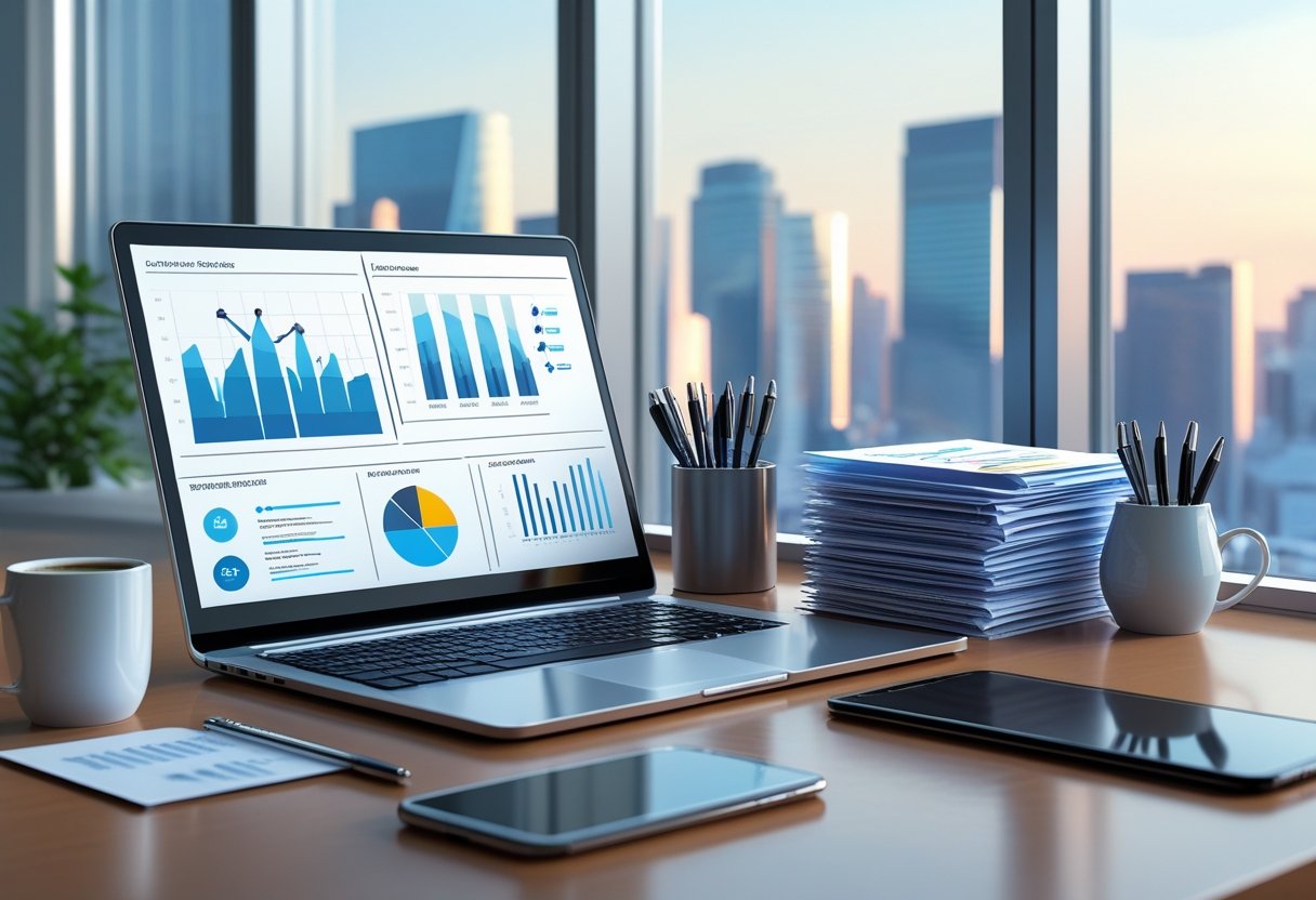 49 Executive Resume Examples & Guide for 2025: Proven Templates and Expert Writing Tips 1 A clean executive desk with a laptop, resumes, a pen holder, coffee cup, and smartphone by a window showing a city skyline.
