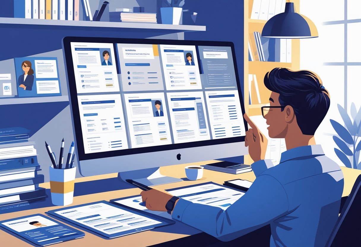 A person at a desk reviewing various resume templates displayed on a computer screen surrounded by design tools and career books.
