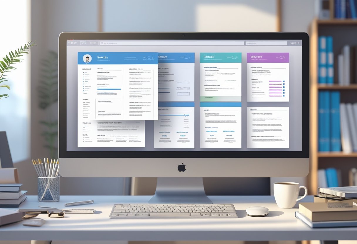A modern office desk with a computer screen showing various resume templates and organized office supplies nearby.