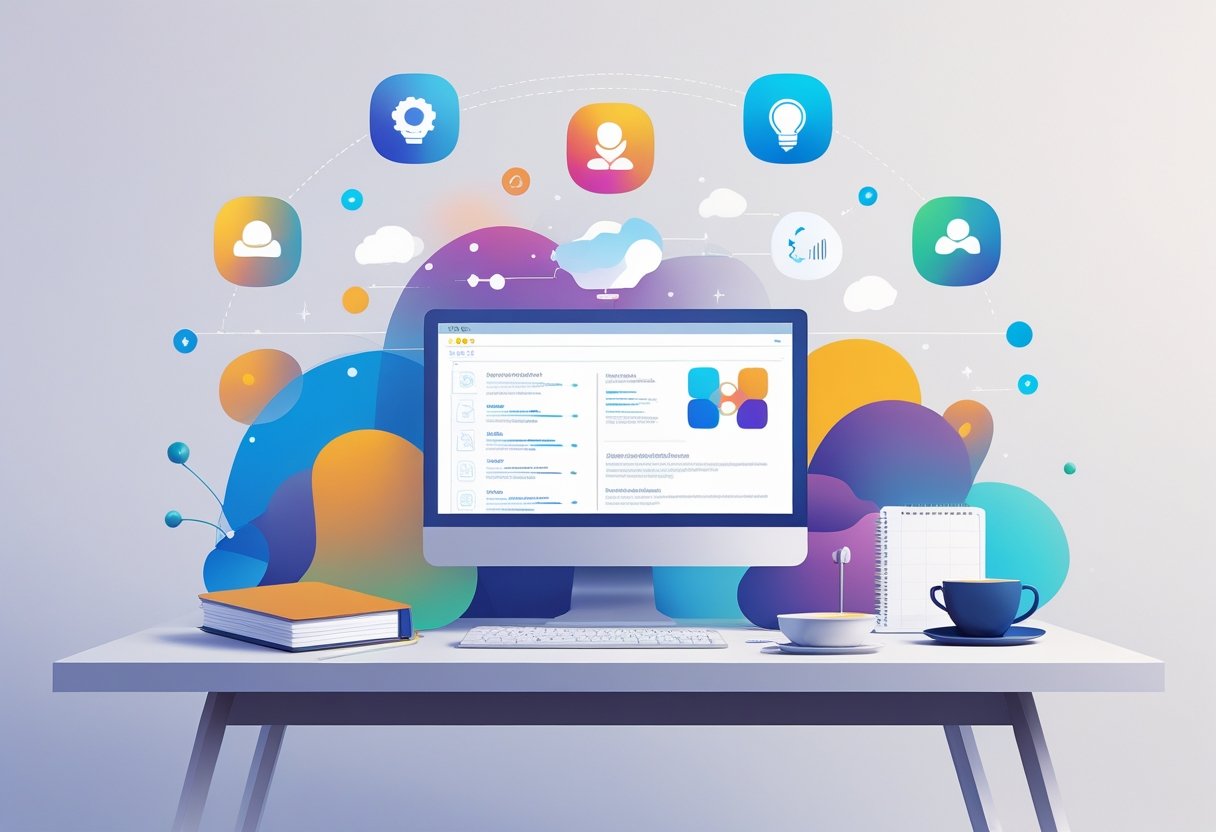 A tidy workspace with a laptop, notebook, and coffee cup surrounded by floating icons representing various professional skills.