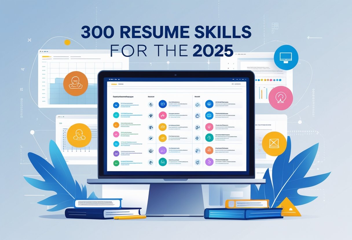 A modern workspace with a laptop surrounded by icons representing various professional skills and digital charts, symbolizing a comprehensive collection of resume skills for 2025.