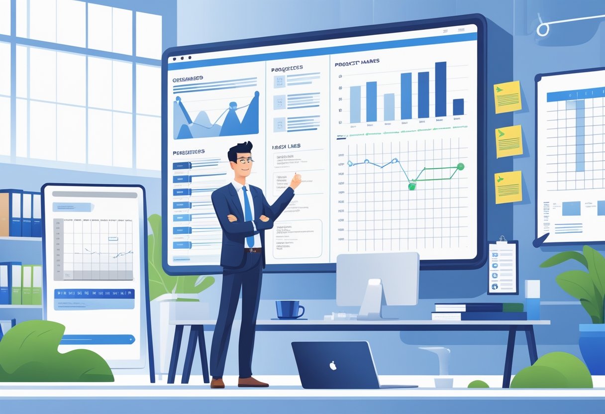 A project manager standing in a modern office next to a digital screen showing charts and timelines, with office supplies and plants around.