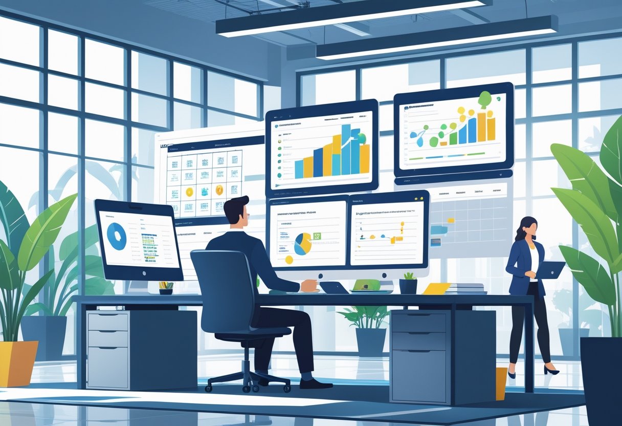 A project manager working at a desk with multiple digital screens showing charts and timelines in a modern office with colleagues collaborating in the background.