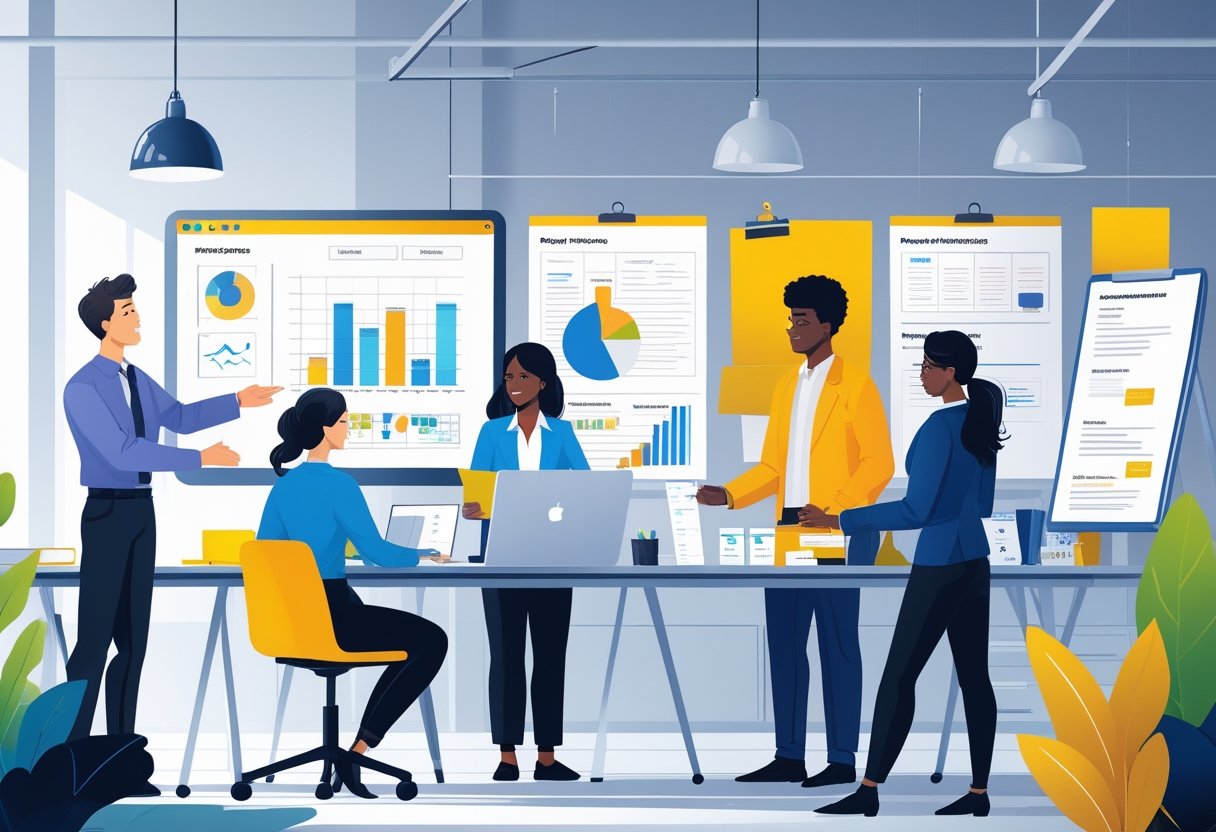 A group of diverse project managers working together in a modern office with charts, laptops, and planning tools.