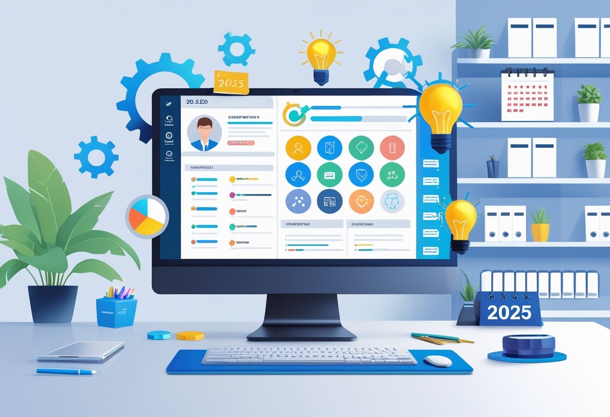 A modern workspace with a computer displaying a digital resume surrounded by icons representing various professional skills and a subtle office background.