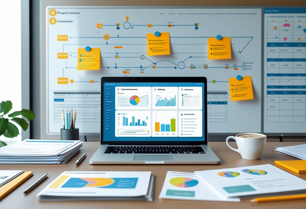 A modern office desk with a laptop showing project management charts, surrounded by documents, sticky notes, a calendar, and a whiteboard with flowcharts and timelines.