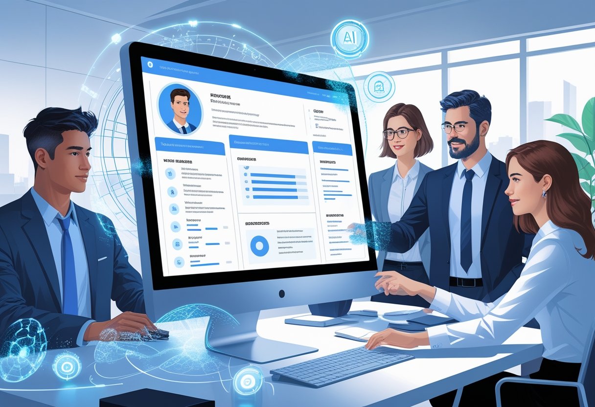 A diverse group of professionals interacting with a futuristic AI-powered resume builder displayed on a desktop computer in a modern office.