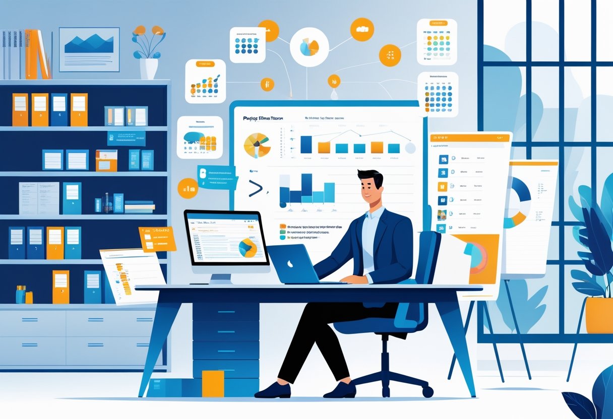 A project manager working at a desk with digital devices showing charts and timelines in a bright office with a whiteboard and shelves in the background.