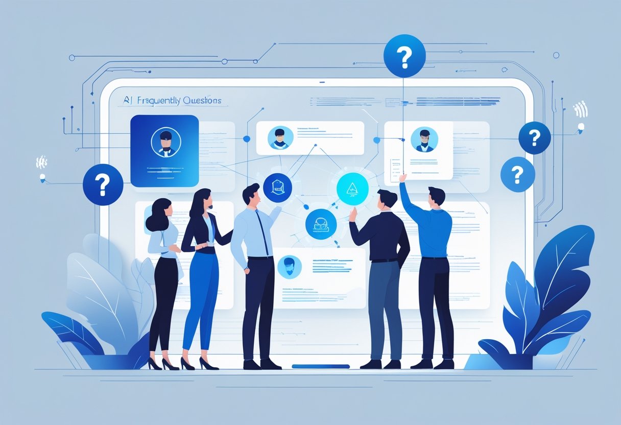A group of professionals interacting with a large digital interface showing icons related to resumes and questions, surrounded by abstract data patterns.