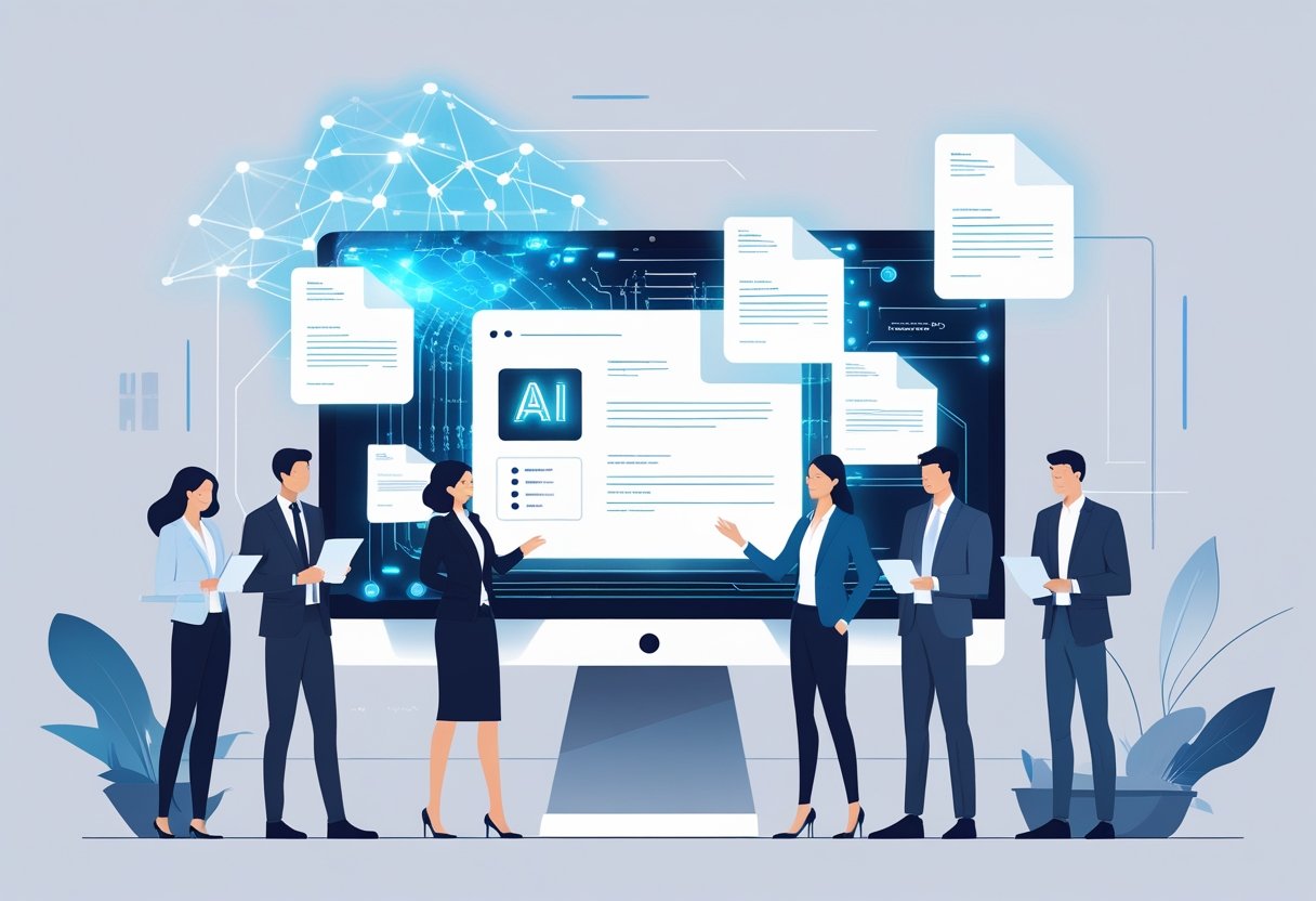 Free AI Cover Letter Generator: Instantly Create Professional Cover Letters Online 1 A modern workspace with a computer generating digital cover letters, surrounded by professionals reviewing the documents.