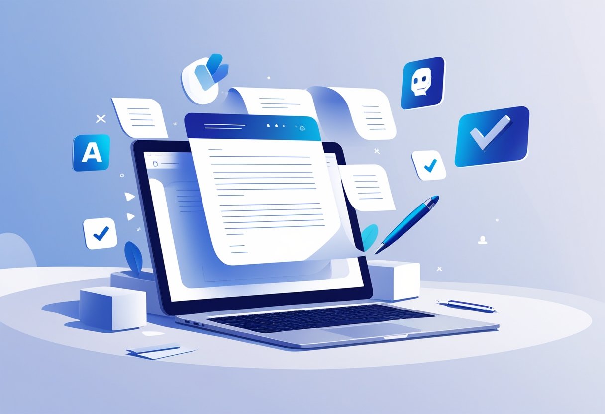 A workspace with a laptop showing an AI cover letter generation interface surrounded by icons representing writing and AI technology.