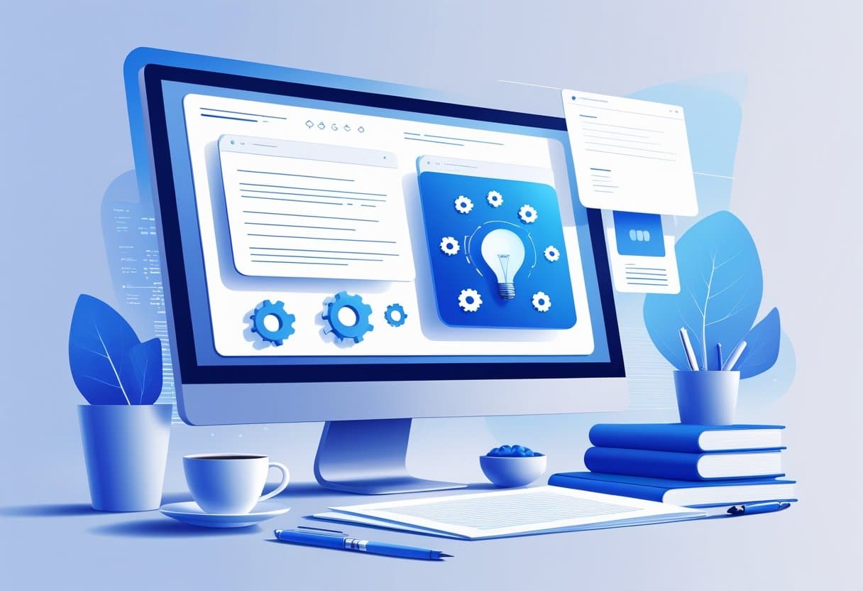 A modern workspace with a computer showing an abstract AI interface surrounded by office items like a coffee cup and notepad.