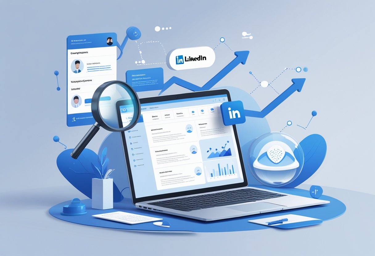 LinkedIn Resume Builder: How to Create a Standout Professional Resume Online 1 A workspace with a laptop showing a resume-building interface surrounded by icons representing career growth and professional networking.