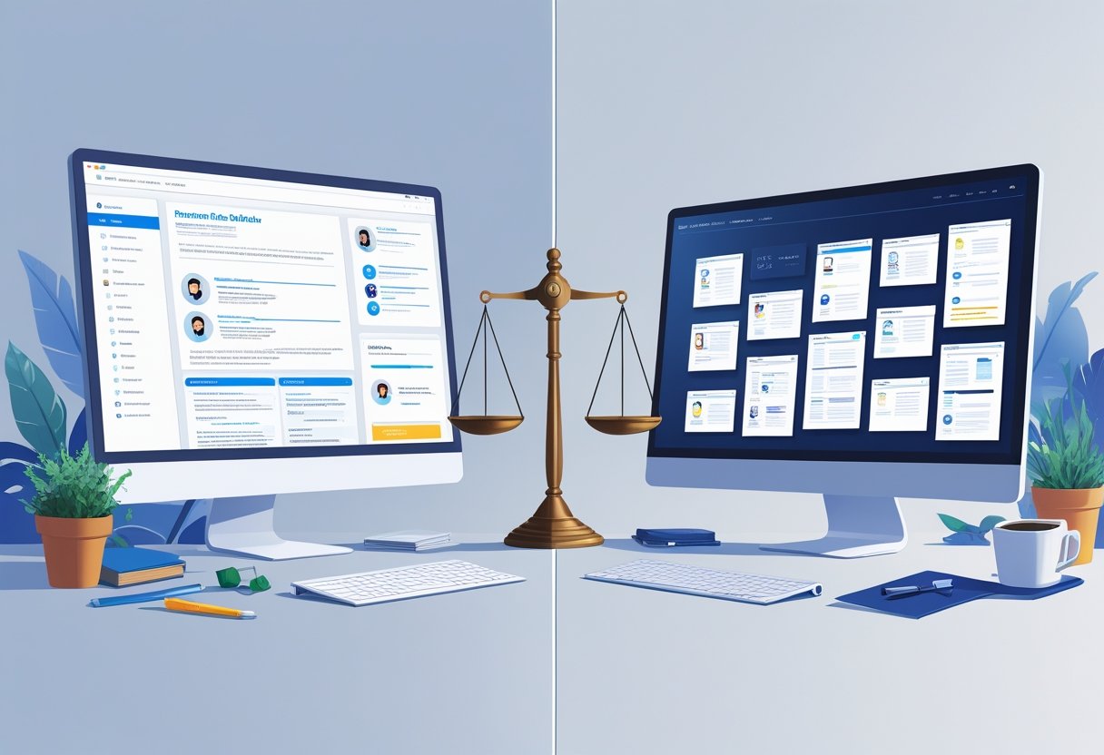 Two computer screens on a desk showing a comparison between LinkedIn Resume Builder and other resume tools, with a balanced scale between them and office items around.