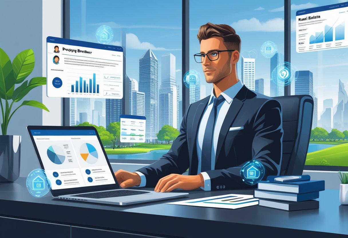 A real estate broker working at a desk with digital interfaces showing property listings and resume highlights, with a city skyline visible through a large window.