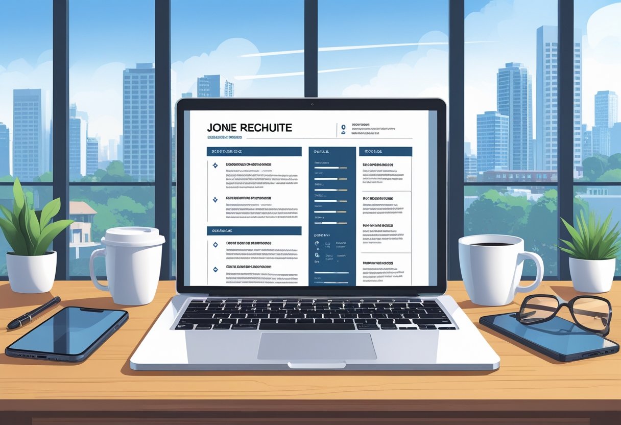A modern workspace with a laptop showing a resume template, surrounded by office items, with a city skyline visible through a window in the background.
