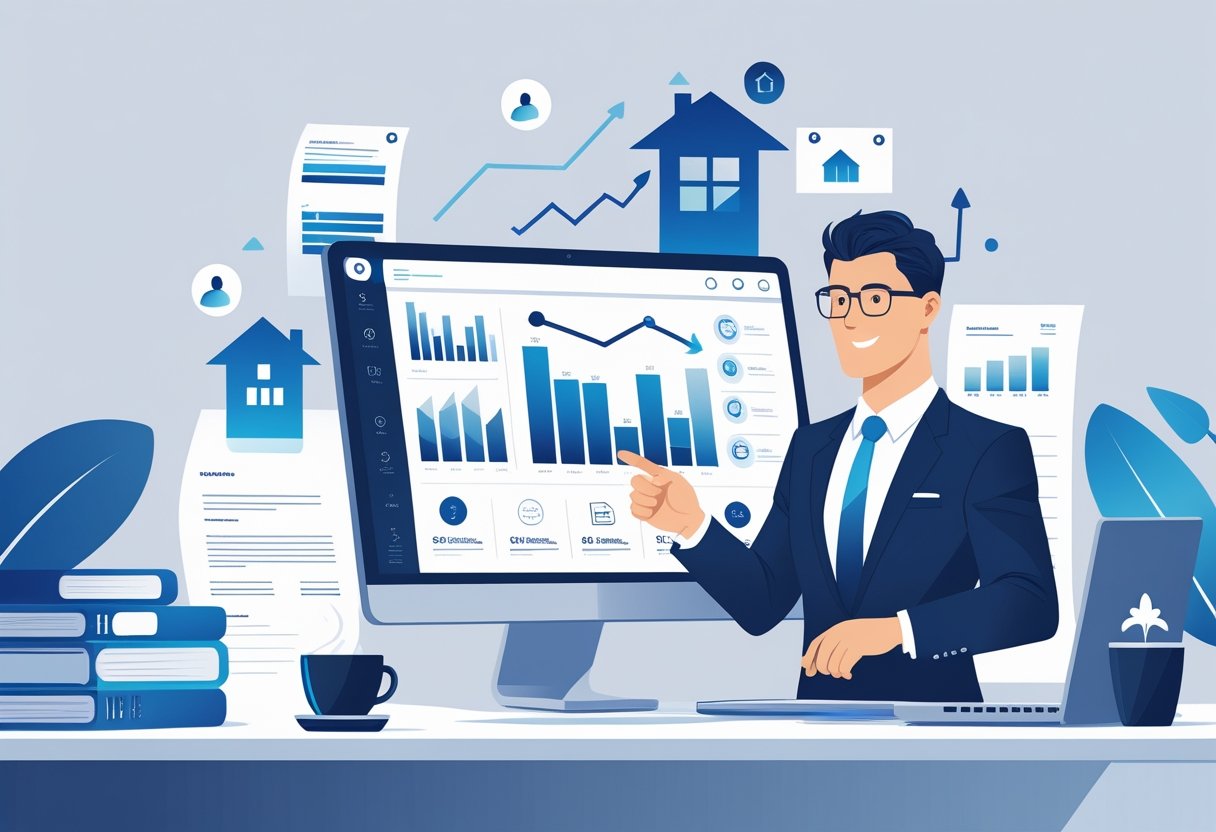 A real estate broker reviewing charts and documents in a modern office surrounded by icons of buildings and growth symbols.