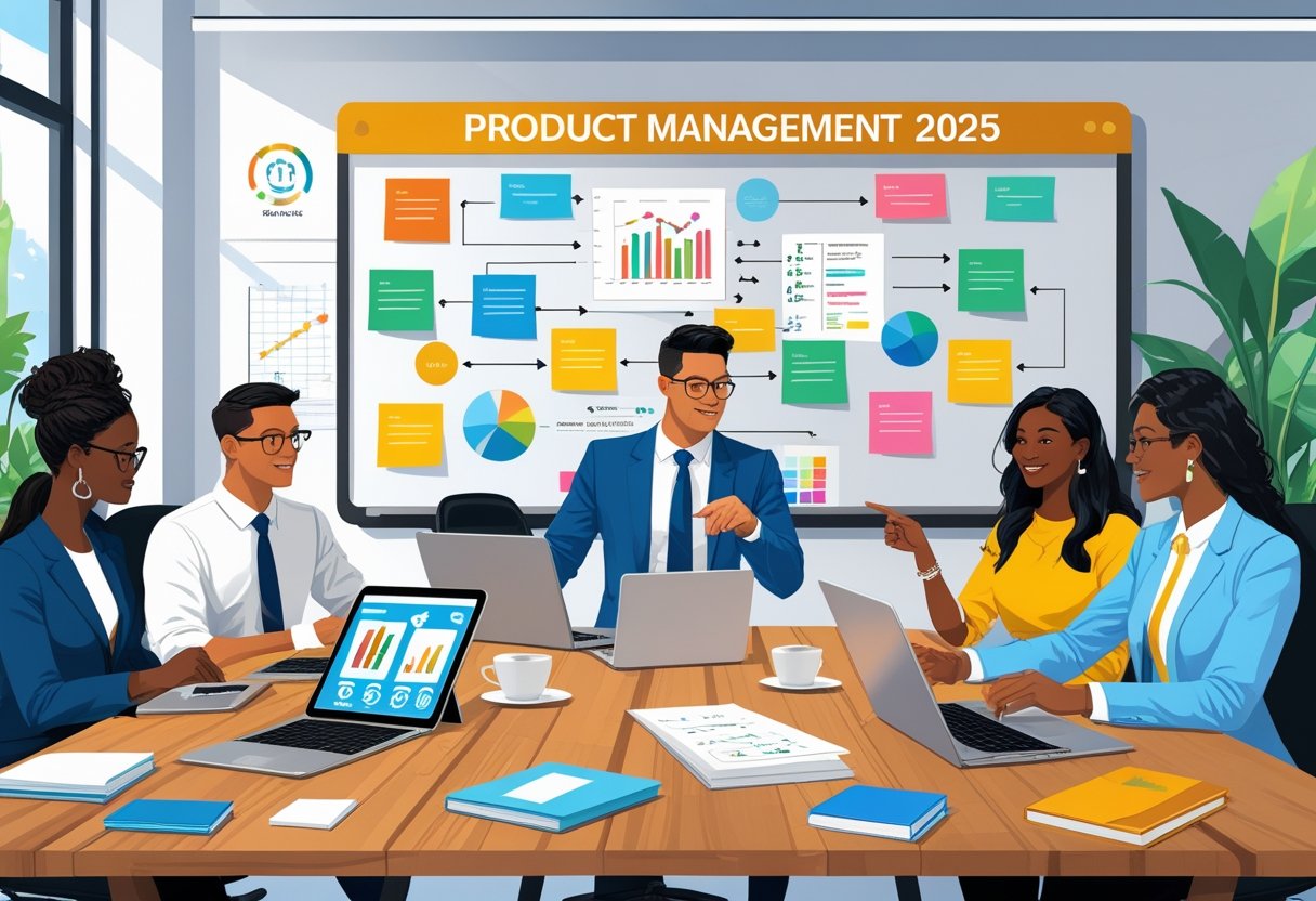 37 Product Manager Resume Examples & Guide for 2025: Templates, Skills, and Writing Tips 1 A group of professionals collaborating around a table with laptops, tablets, and notes in a bright office with a whiteboard covered in diagrams and sticky notes.