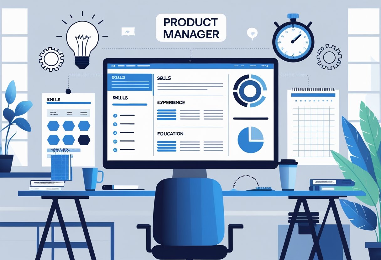 A modern workspace with a laptop showing a resume layout and icons representing product management skills like ideas, processes, data analysis, and task management.