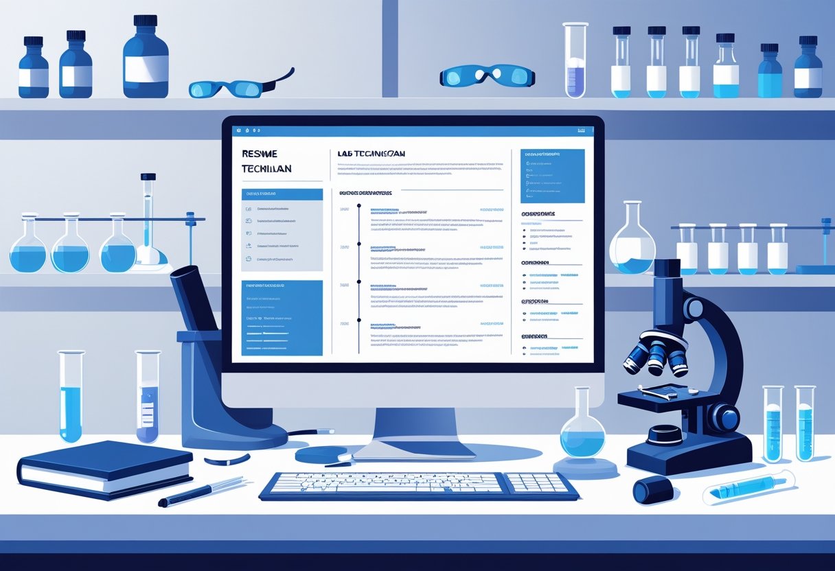 A workspace with a computer displaying a lab technician resume layout, surrounded by lab tools like goggles, test tubes, and a microscope, set against a laboratory background.