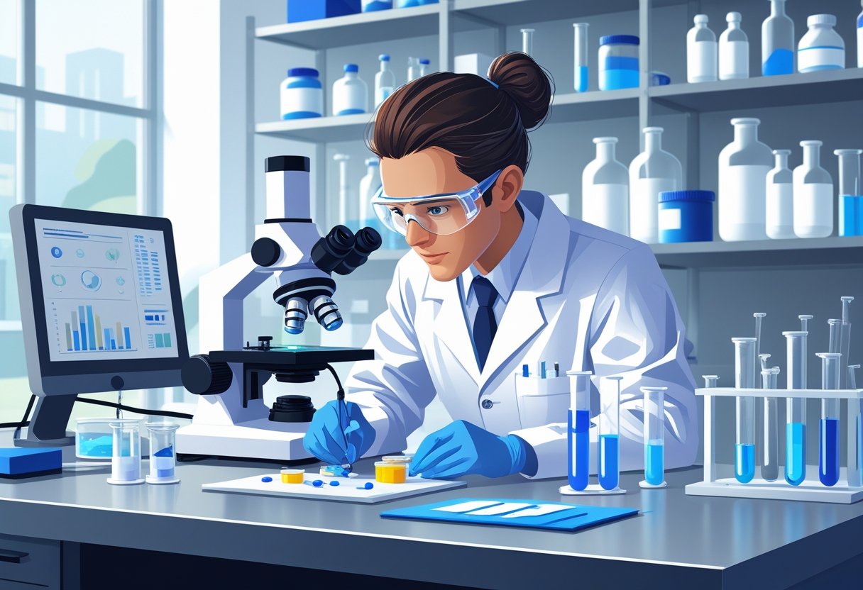 A lab technician in a white coat working with a microscope and scientific equipment in a modern laboratory.