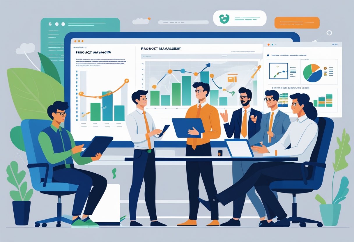 A group of product managers at different career stages working together in a modern office, with digital devices and charts around them.