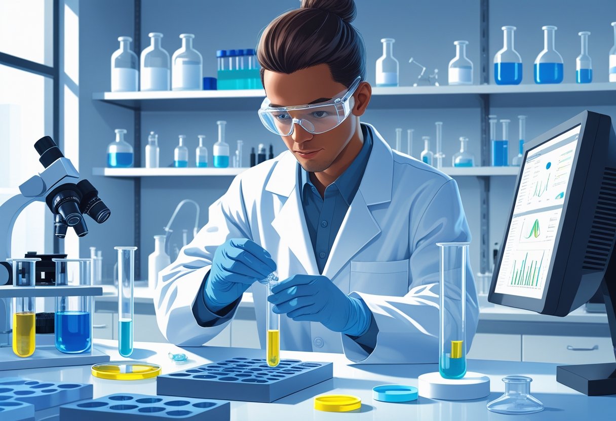 A lab technician in a white coat working at a laboratory workstation with scientific equipment and a computer.