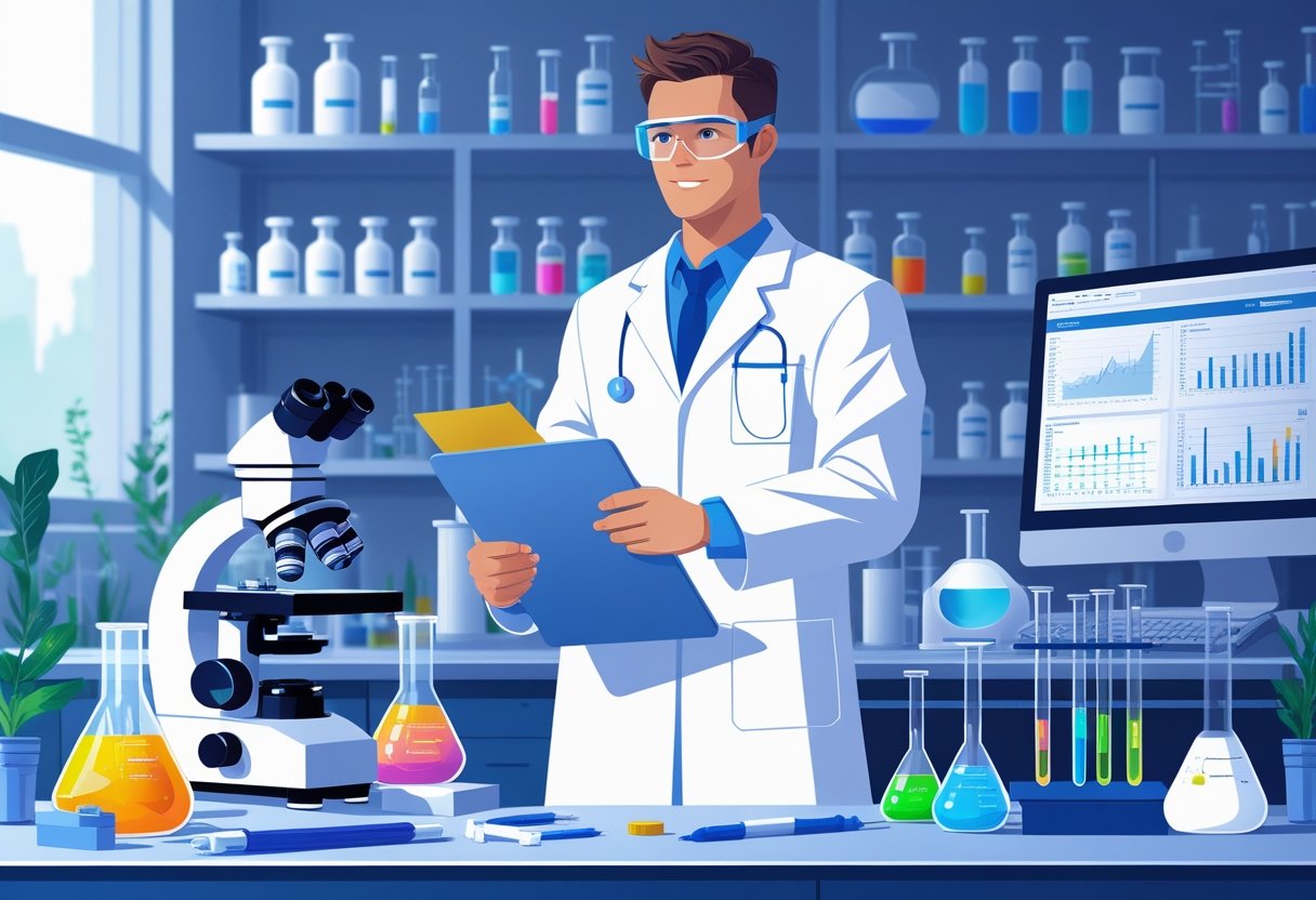 A lab technician in a white coat and safety goggles holding a clipboard in a modern laboratory with microscopes, test tubes, and scientific equipment.