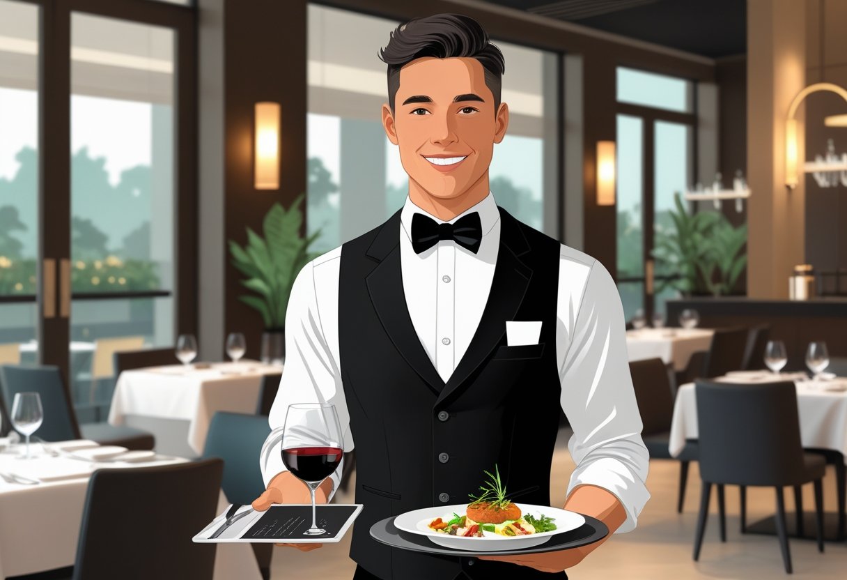 20 Waiter Resume Examples & Guide for 2025: Stand Out in Restaurant Job Applications 1 A waiter holding a tray with food and wine in a modern restaurant dining area.