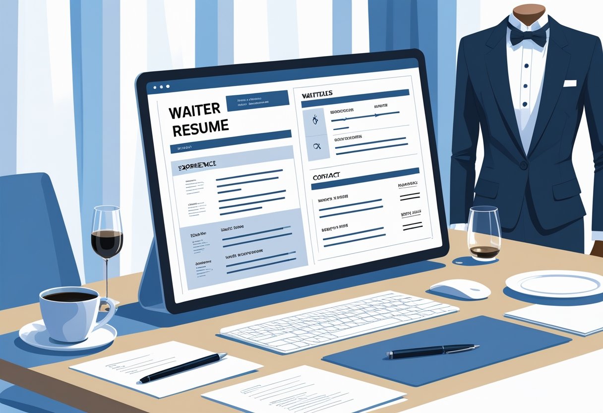 A workspace with a laptop showing a resume template, a cup of coffee, a notepad, and a waiter’s uniform jacket hanging on a chair with a tray holding a wine glass and plate nearby.