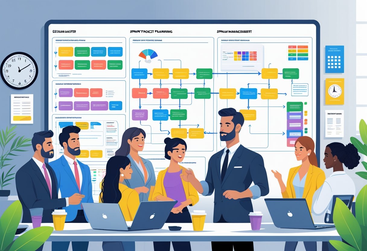 A Scrum Master leading a team in an office with a digital whiteboard showing colorful task cards and sticky notes, while team members collaborate around a conference table.