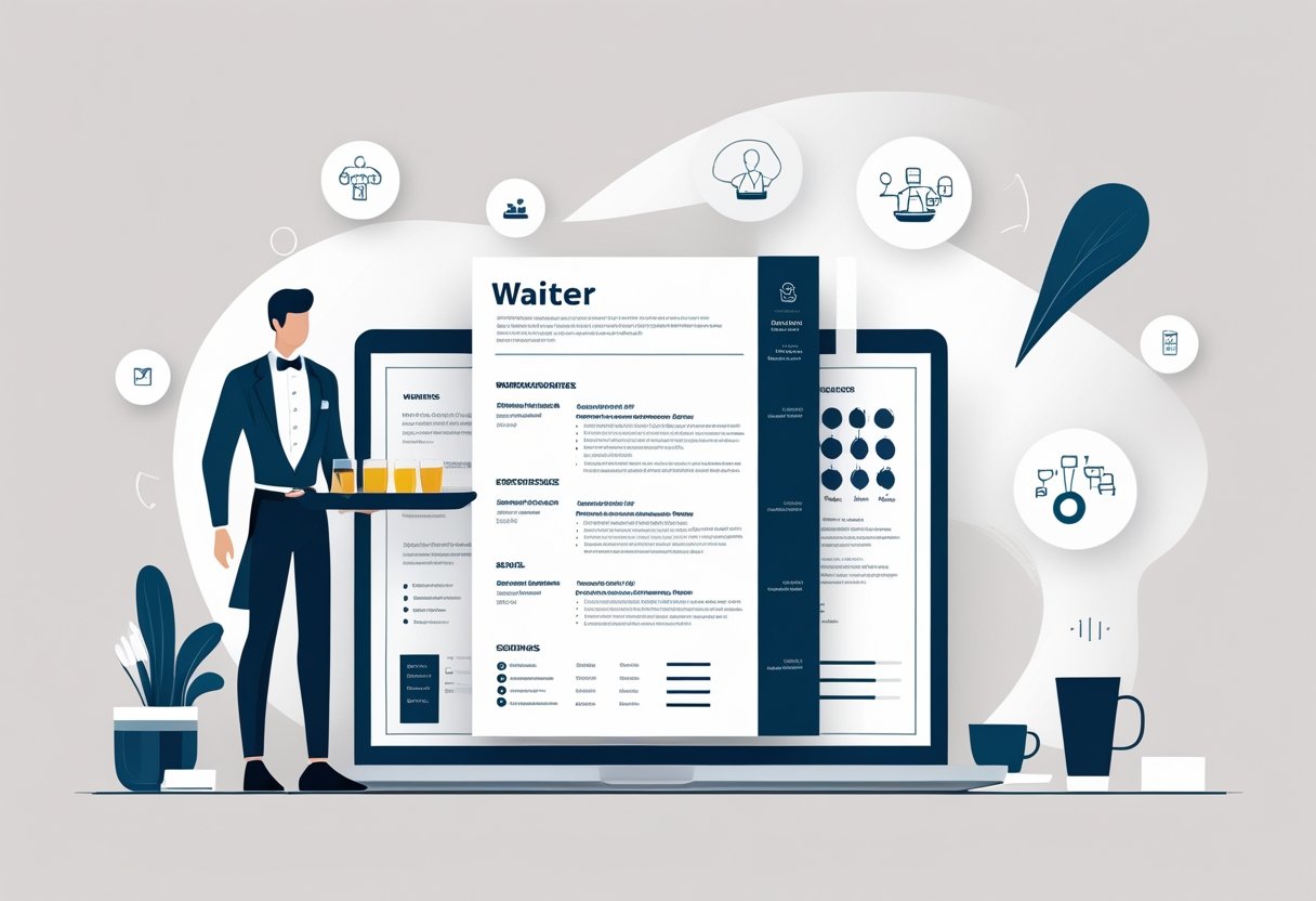 An illustration of a waiter serving drinks next to a resume on a desk with icons representing waiter skills.
