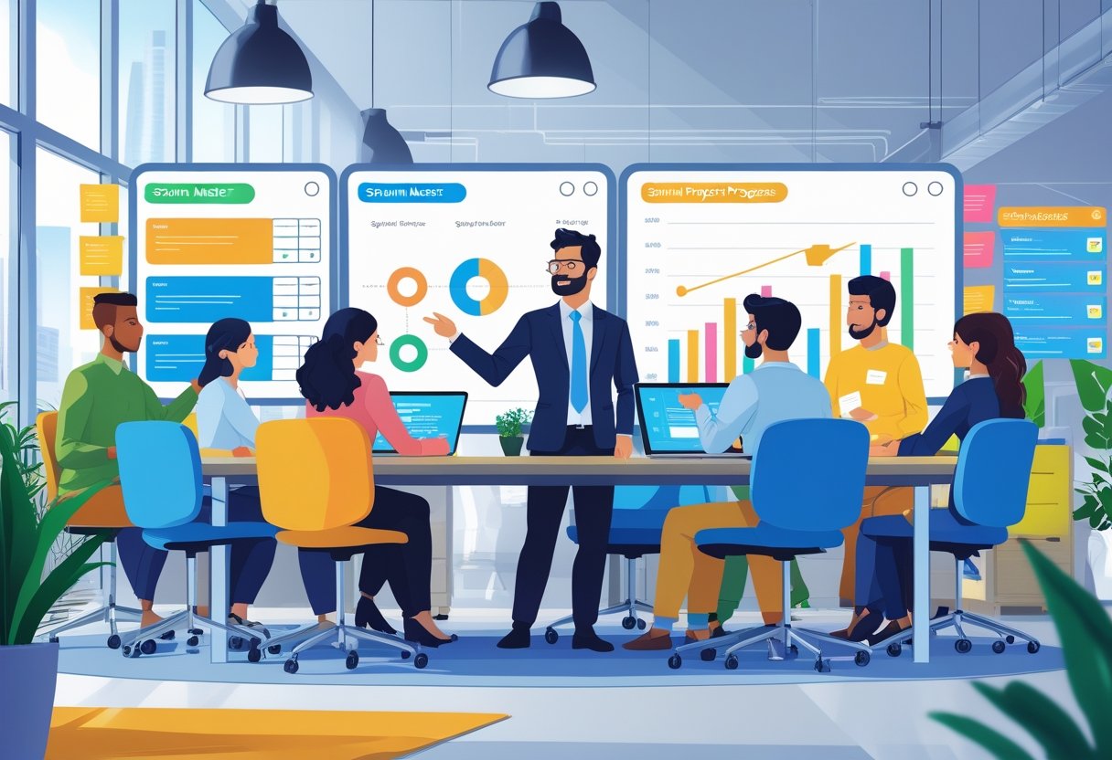A Scrum Master leading a diverse team in a bright office with digital task boards and charts, showing collaboration and agile project management.