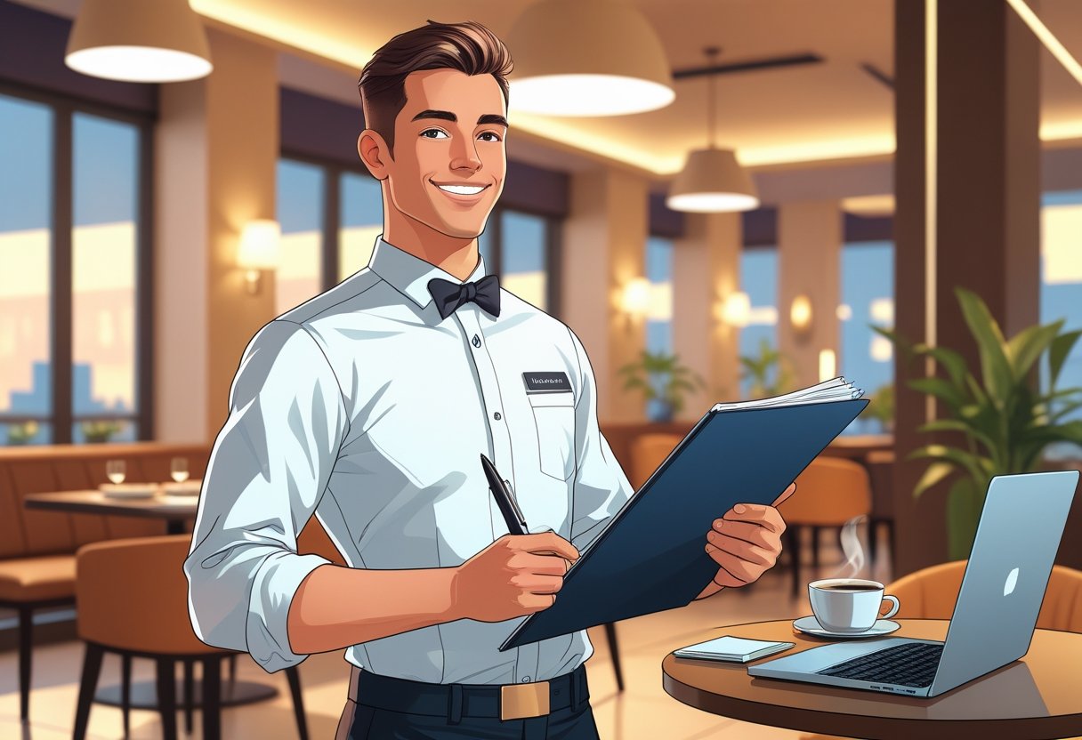 A waiter in a restaurant holding a resume folder and pen, standing confidently in a dining area with tables and chairs.