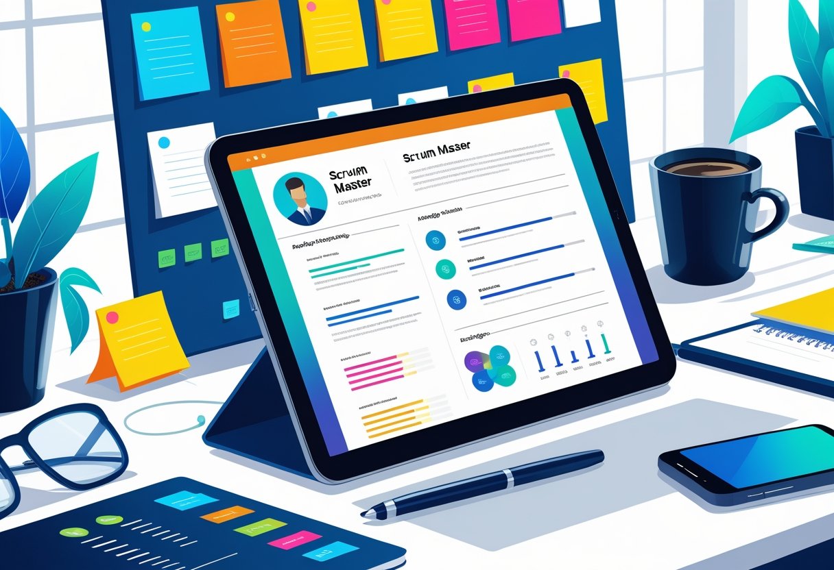 A modern office workspace with a digital device showing a clean resume layout, surrounded by agile project management tools like sticky notes and a Kanban board.