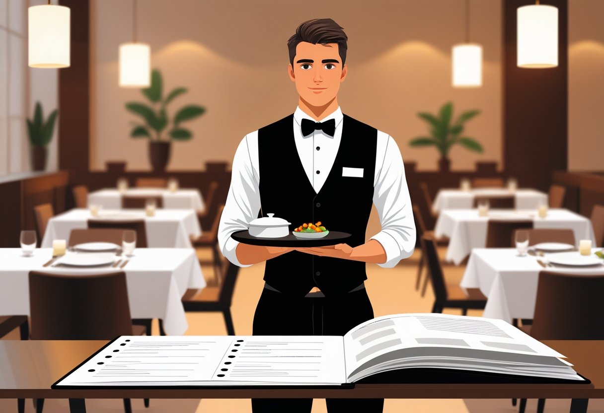 A waiter in uniform holding a serving tray in a restaurant with tables and chairs in the background and an open book on a nearby table.