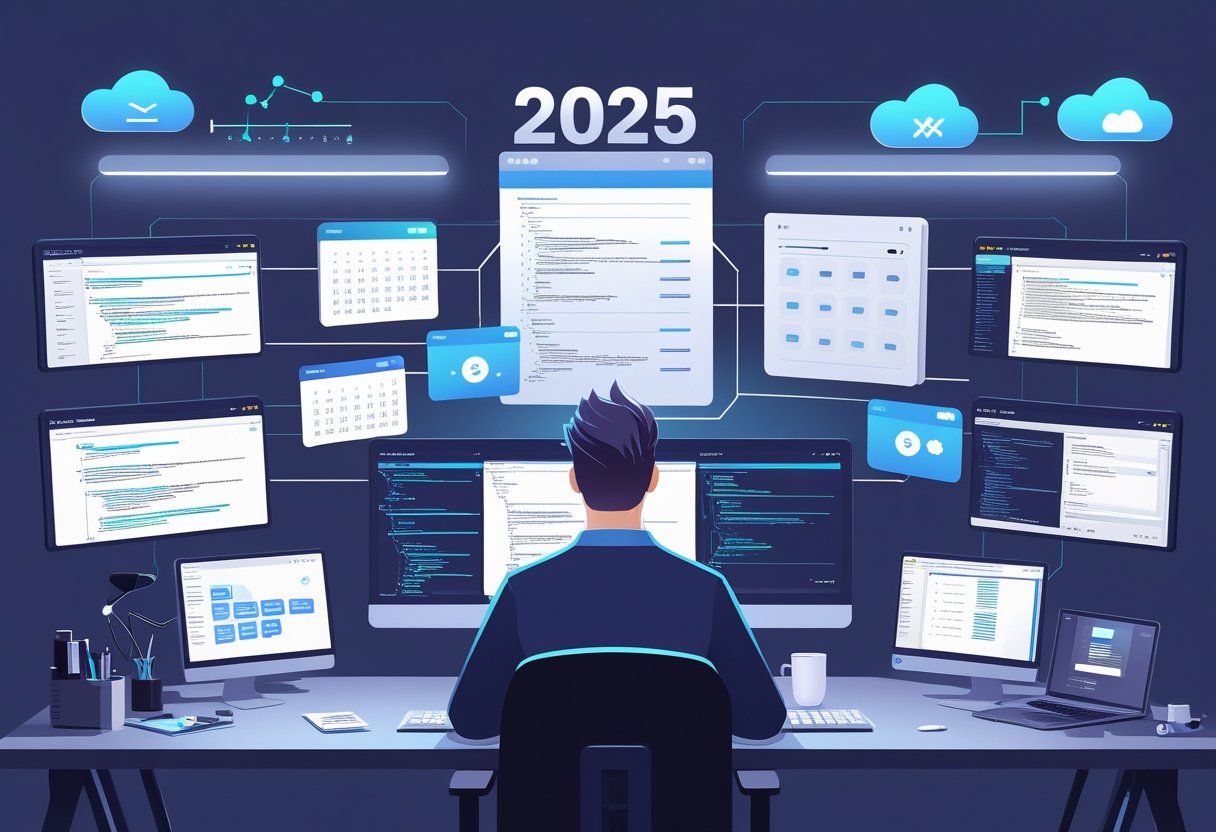 19 Full Stack Developer Resume Examples & Guide for 2025: Land Your Next Role with Proven Templates 1 A workspace with multiple computer screens showing coding and design elements, surrounded by icons representing programming technologies, with a calendar showing the year 2025.