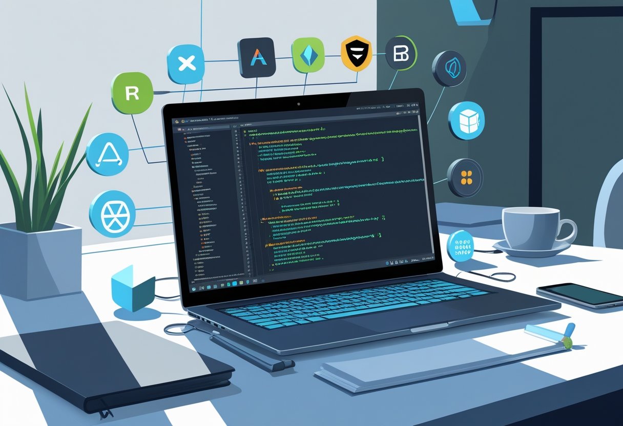 A workspace with a laptop displaying code and icons representing various programming languages and technologies used by full stack developers, surrounded by work tools like a notebook and coffee cup.