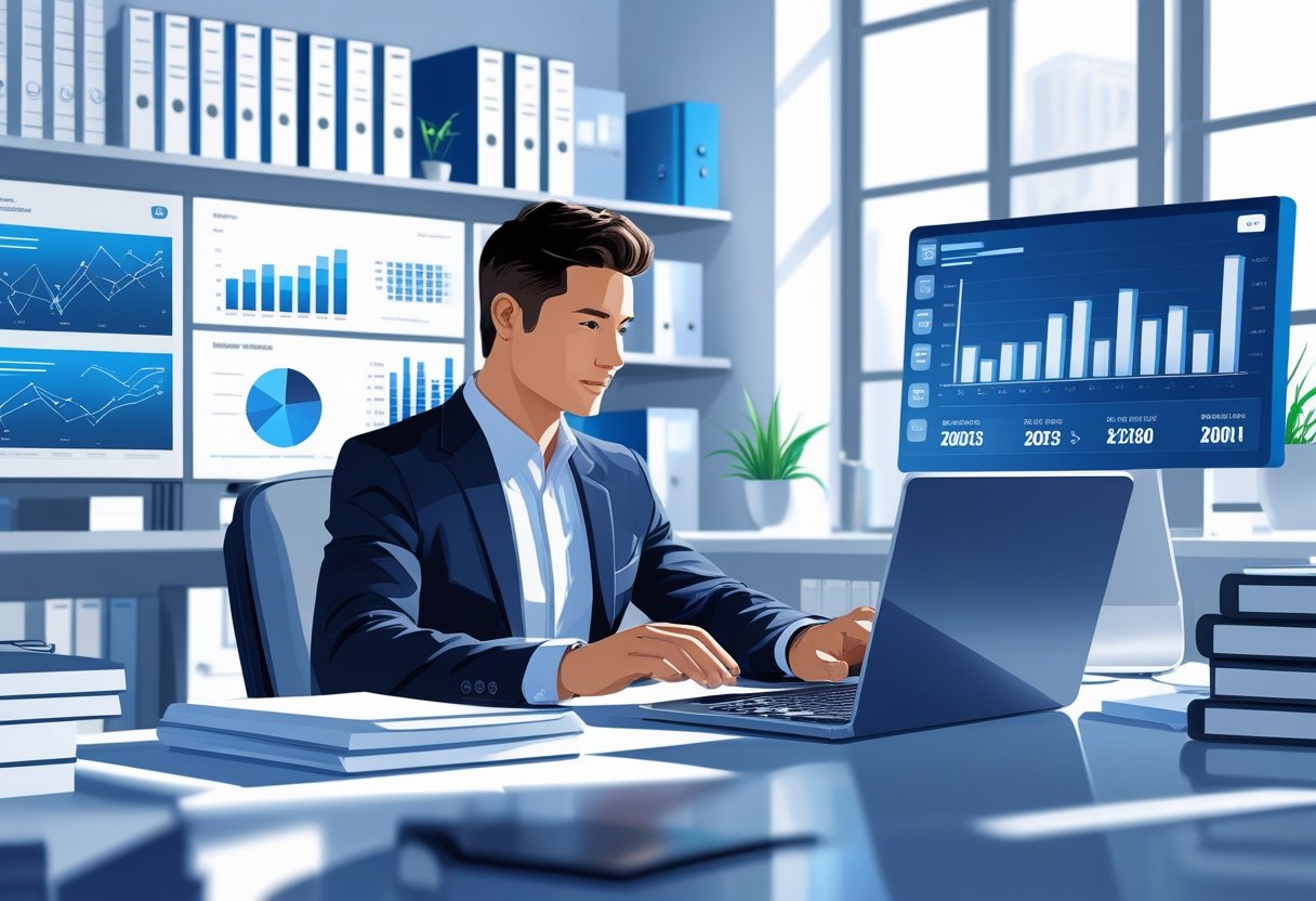 An accountant working at a desk with financial charts and documents in a bright office.