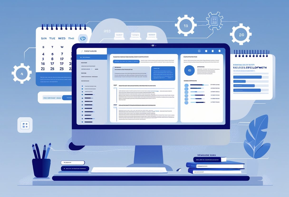 A modern workspace with a computer showing coding and a digital resume, surrounded by icons representing software development and career growth.
