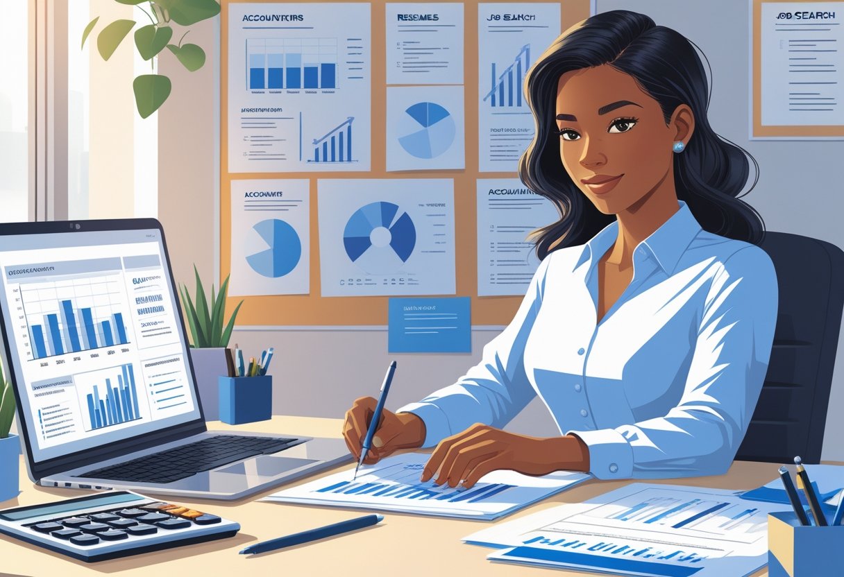 An accountant at a desk reviewing resumes and job application materials with a laptop and calculator nearby.