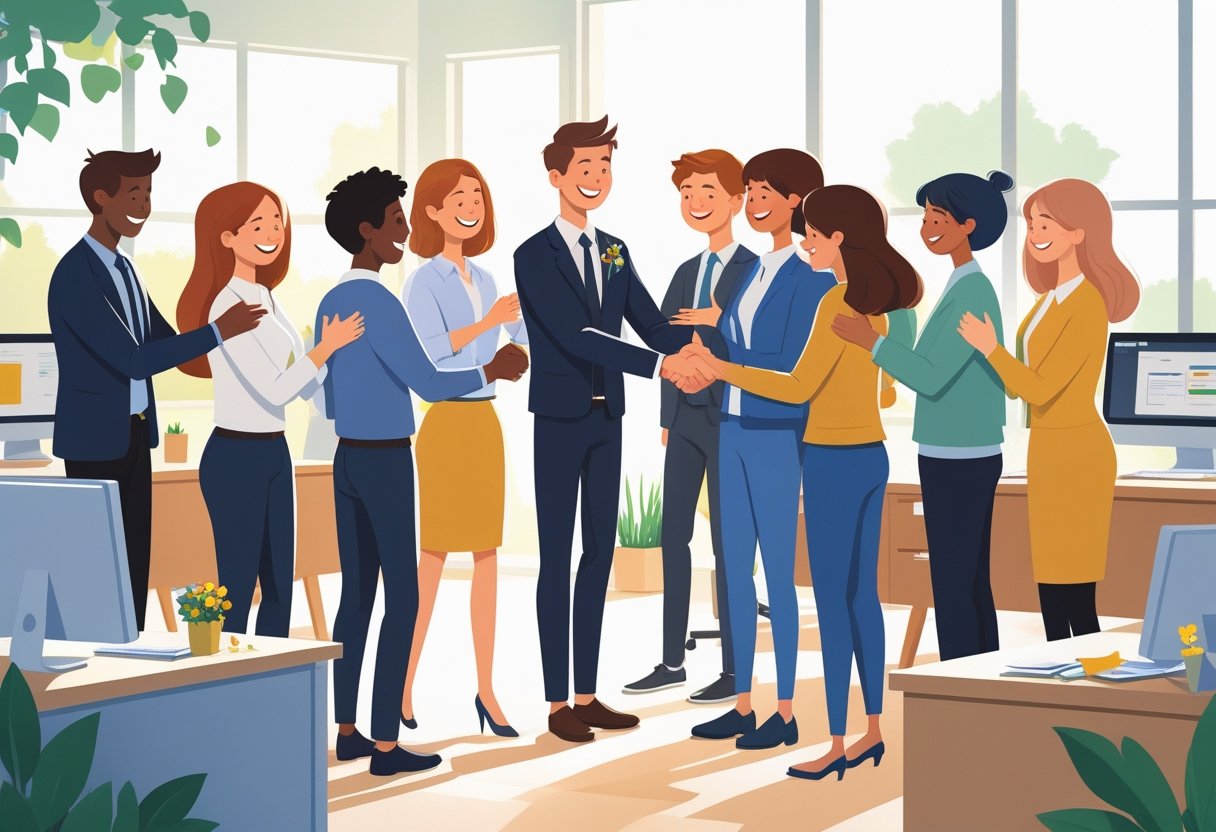 A group of colleagues gathered around a person, exchanging handshakes, hugs, and small gifts in an office setting during a farewell moment.