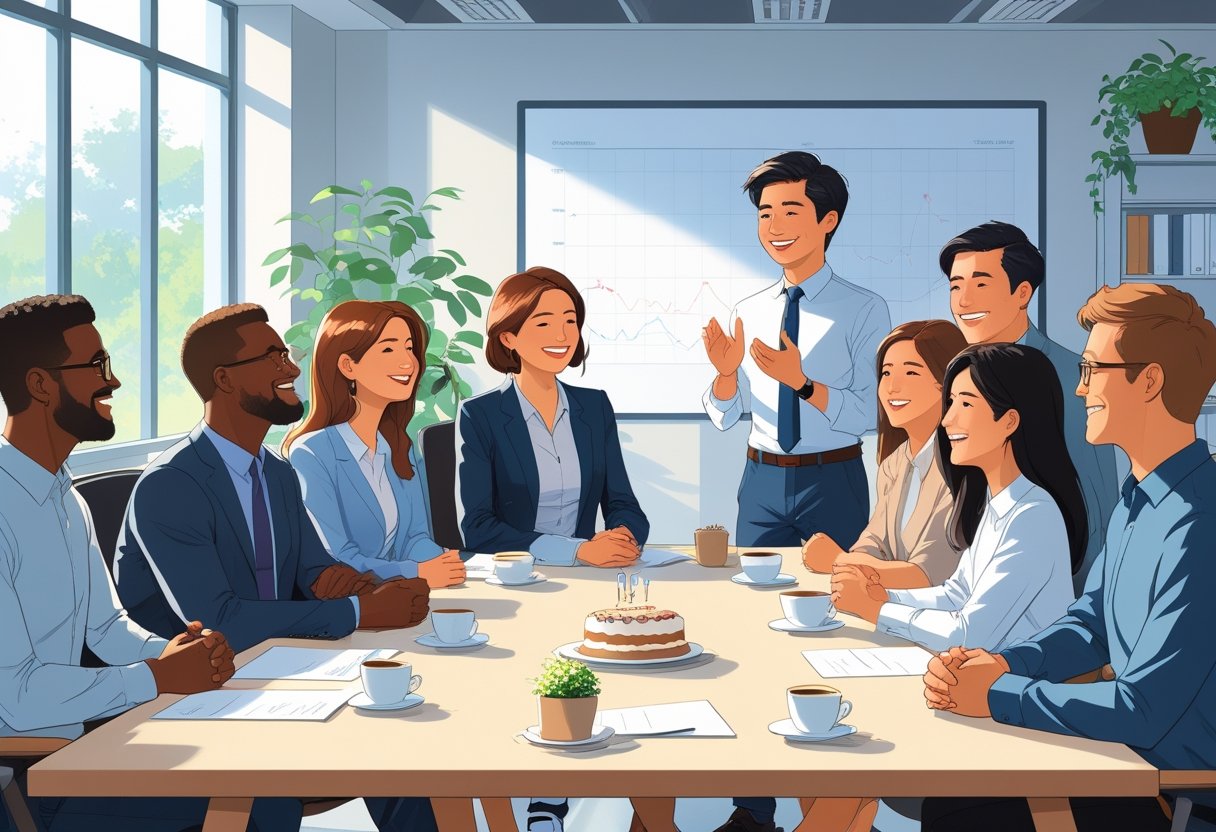 Colleagues gathered around a table listening to a person giving a farewell speech in an office setting.