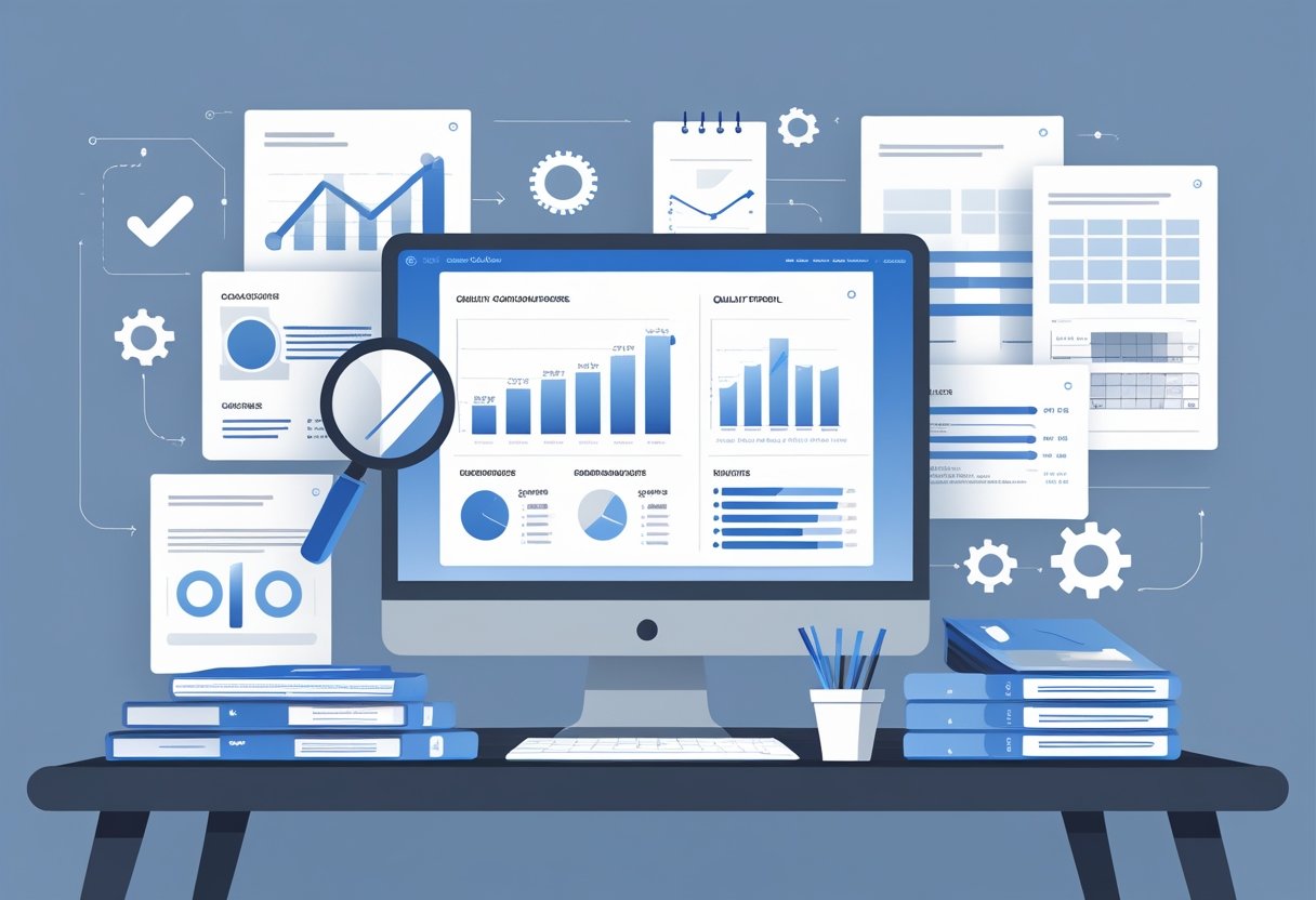 An office workspace with a computer showing charts and a resume layout, surrounded by icons representing quality control and organization.