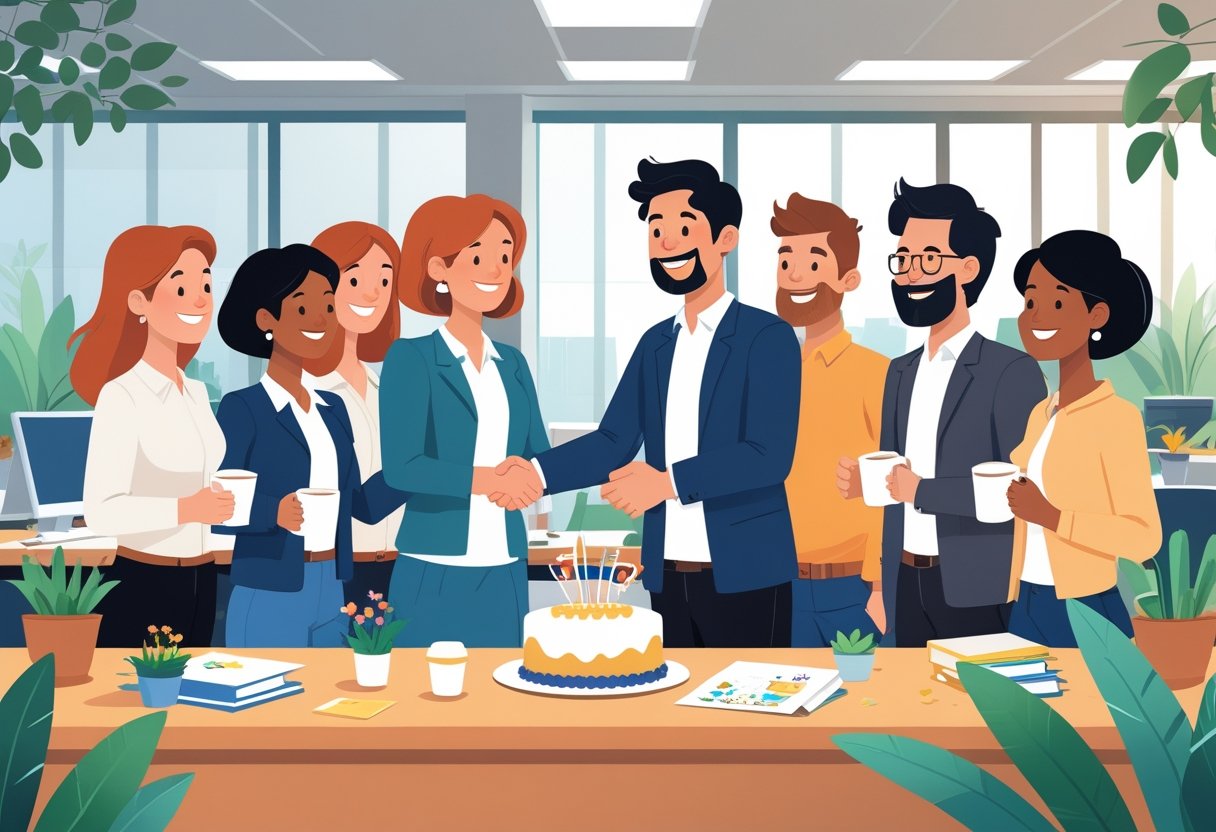 Colleagues gathered around a desk saying goodbye to a departing employee in an office setting.